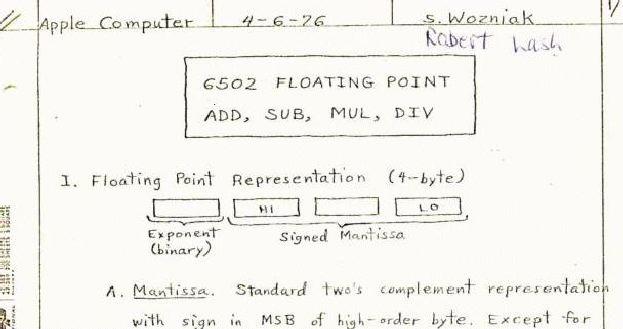 Handwritten 6502 floating point notes