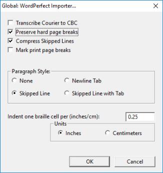 Image shows the Global: WordPerfect Importer dialog.