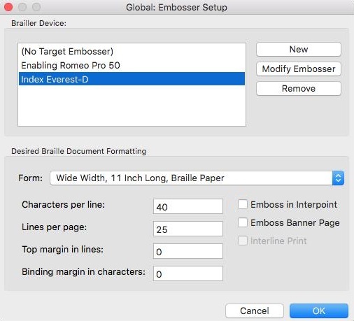 Image shows main Global: Embosser Setup dialog.
