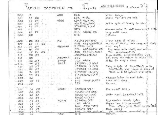 Handwritten Apple I floating point code